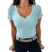 Košulje za žene Loase Fit V izrez TEE majica rebrasta montirana majica kratkih rukava Basic Plit Top