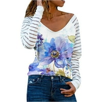Žene Flowy Dugi rukav Ležerne majice Bluze vrhovi opruge O-izrez Stripe patch patchwork bluza svijetlo