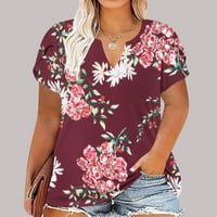 Ženske modne vrhove cvjetna bluza za ispis V izrez Ters Petal kratki rukovi Kawaii Grafički tunik Predimenzivne majice vino xxxl