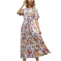 Feesfesfes Ženska haljina i proljeće okrugli izrez šuplji rufselirani natkriveni cvjetni šumska haljina