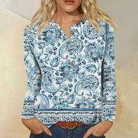 Apepal Womens vrhovi žene Henley majice s dugim rukavima cvjetni print prevelizirani duks plus veličine ženskih plavih 4xl
