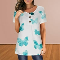 Ženski kratki rukav Ležerne majice sa okruglim vratnim gumbom dolje dolje cvjetni print ljeto labavi fit tee bluza plava l