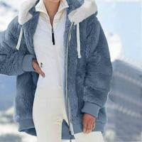 Zimski kaputi za žene umjetna vuna patchwork color dugi rukav dugački s kapuljačom pulover toplim vunenim plišanim patentnim zatvaračem top casual jakna