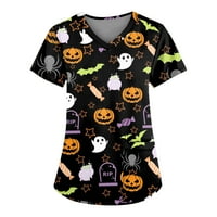 Ženski Halloween ispisani piling vrhovi puckin Cat Bat tiskana medicinska sestra s kratkim rukavima Radna uniforma Ljeto V izrez Holinic Bluza sa džepom Narančasta XL