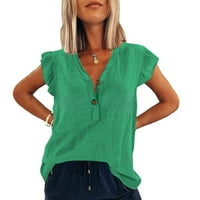Ženski ruffle flonces kratki rukav na vrhu pamučnog posteljina tipka V izrez T košulje od pune boje, ležerne ležerne trendi bluze