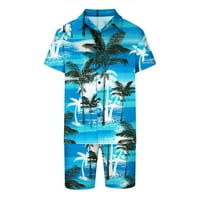 Penkiiy muns kratki setovi odjeće za muškarce Ležerne prilike na kalupljenoj gumbi Ispis kratkih rukava bluza i hlače postavljene plave mens set