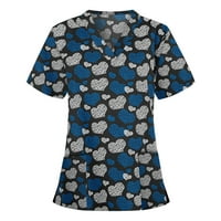 Ženski bluze Ženski modni print kratkih rukava V Vrat na vrhu džepova radne odjeće plavi m