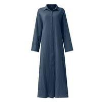 Haljina za žene, ženska povremena pamučna posteljina puna boja labava temperament duga košulja mornarice