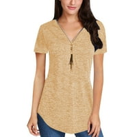 Ženski bluze Ženski modni ljetni V-izrez Tssel patentni zatvarač sa pulover s kratkim rukavima, majica s kratkim rukavima The The Top Yellow l