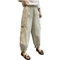 Ylioge Womens Lounge Ravne pantalone čipke Lace posteljine za odmor jesenje hlače vezene velike struke