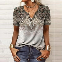 Ženski ljetni vrhovi modni casual v-izrez kratak vidio etničko tiskovno dugme labav vrpca bluza m