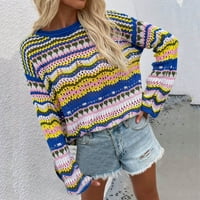 VBNERGOIE Žene s dugim rukavima Top Crochet pleteni blok blok pulover vrhovi labavi patchwork košulje