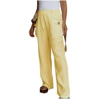 Huachen ženska modna čvrsta boja elastična struka pamučna posteljina labava džep casual pantalone