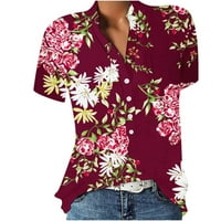Bluze kratkih rukava slobodno-floralni vrhovi Henley Fashion za žene vino m