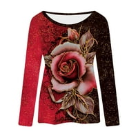 Žene vrhovi modni dugi rukavi okrugli vrat Rose cvijet Ispis Jesenji T majice