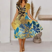 Ljetne haljine za žene plus veličine kratkih rukava za tisak cvjetnog uzorka V-izrez Midi fit i flare Y2K moda Elegantni odmor PočetnaKmiranje A-line Swing Hem Ruched haljina