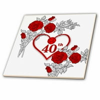 3drose crveno srce i ruže 40. rubin godišnjica za vjenčanje ili poslovanje - keramička pločica