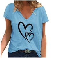 Plave majice za žensko povremene modne labave majice V-izrez tiskane vrhove kratkih rukava