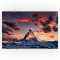 Metalni znak preša sa fenjerom, alpe, Švicarska, Matterhorn Mountain Peak i zalazak sunca