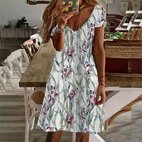 Ženska ljetna V mini haljina s kratkim rukavima cvjetna ispisana ljuljačka A-line haljine Boho Beach